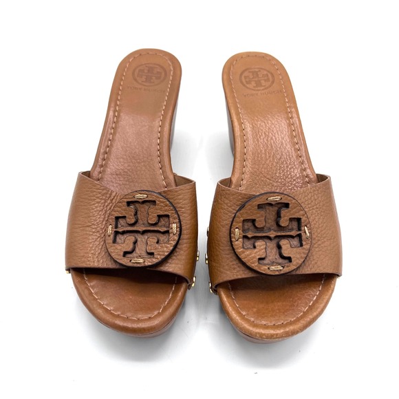 Tory Burch Patti Wedge Slide Sandals Brown Leather Embossed Logo Studded Women 8 - Picture 3 of 16